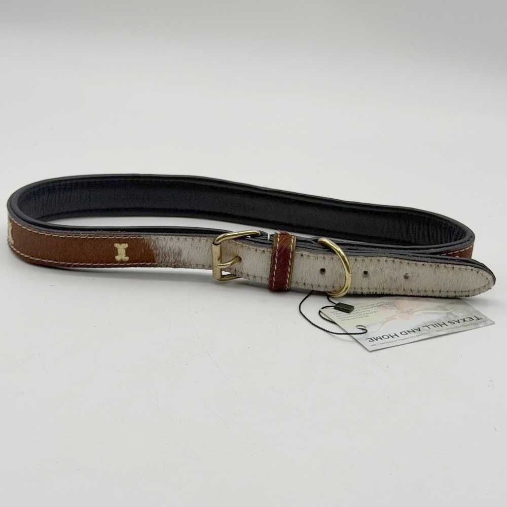 Myra Bag Hair-on-Hide Dog Collar Brown White Spotted Cowhide Bone Studs NEW XL